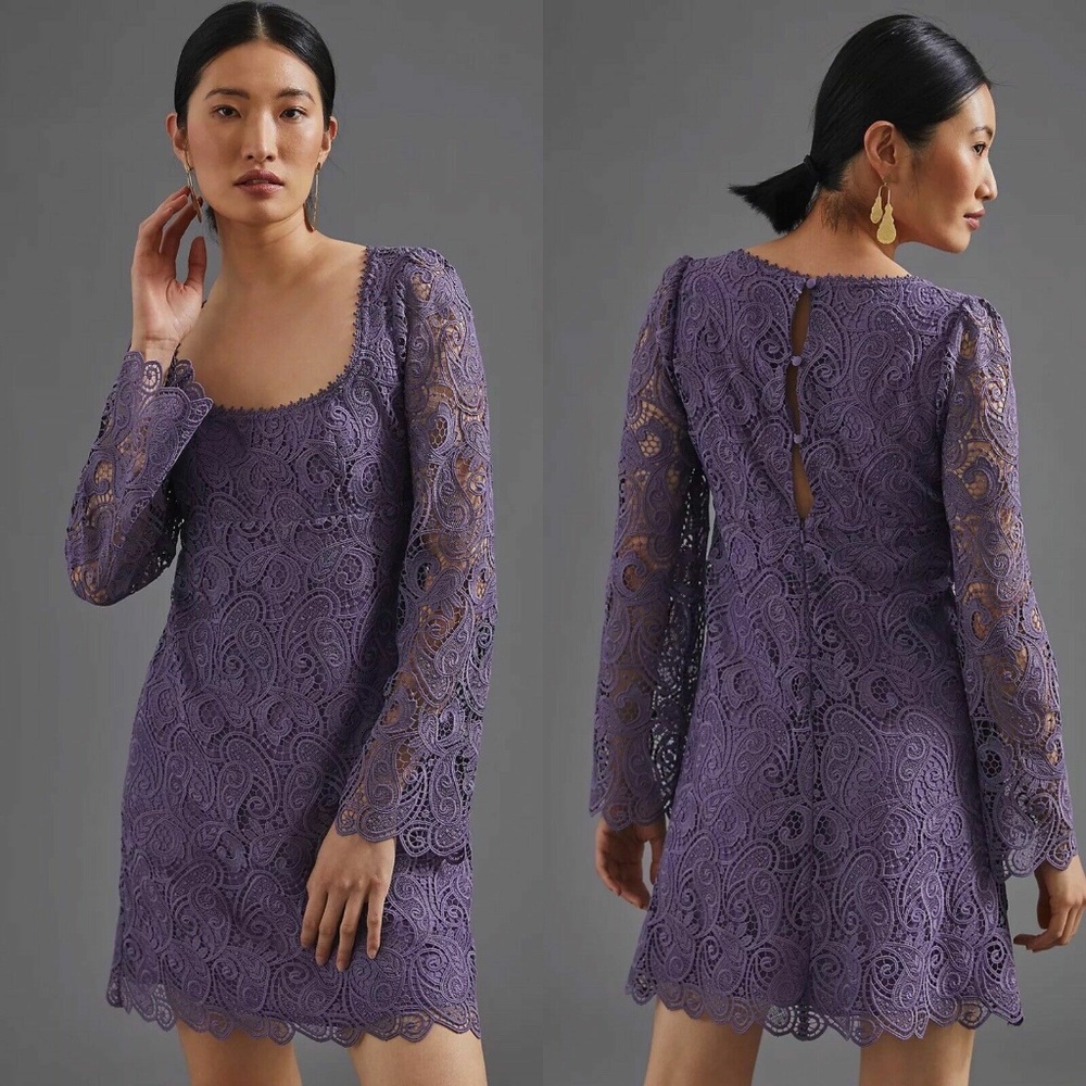 Anthropologie Maeve Embroidered Lace Mini Dress Dried Lavender 8 NWT Retail $180